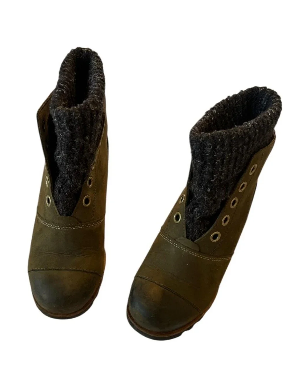 Sorel Joanie Sweater Olive Brown Wedge Ankle Boots Dark Knit Cuff 8.5